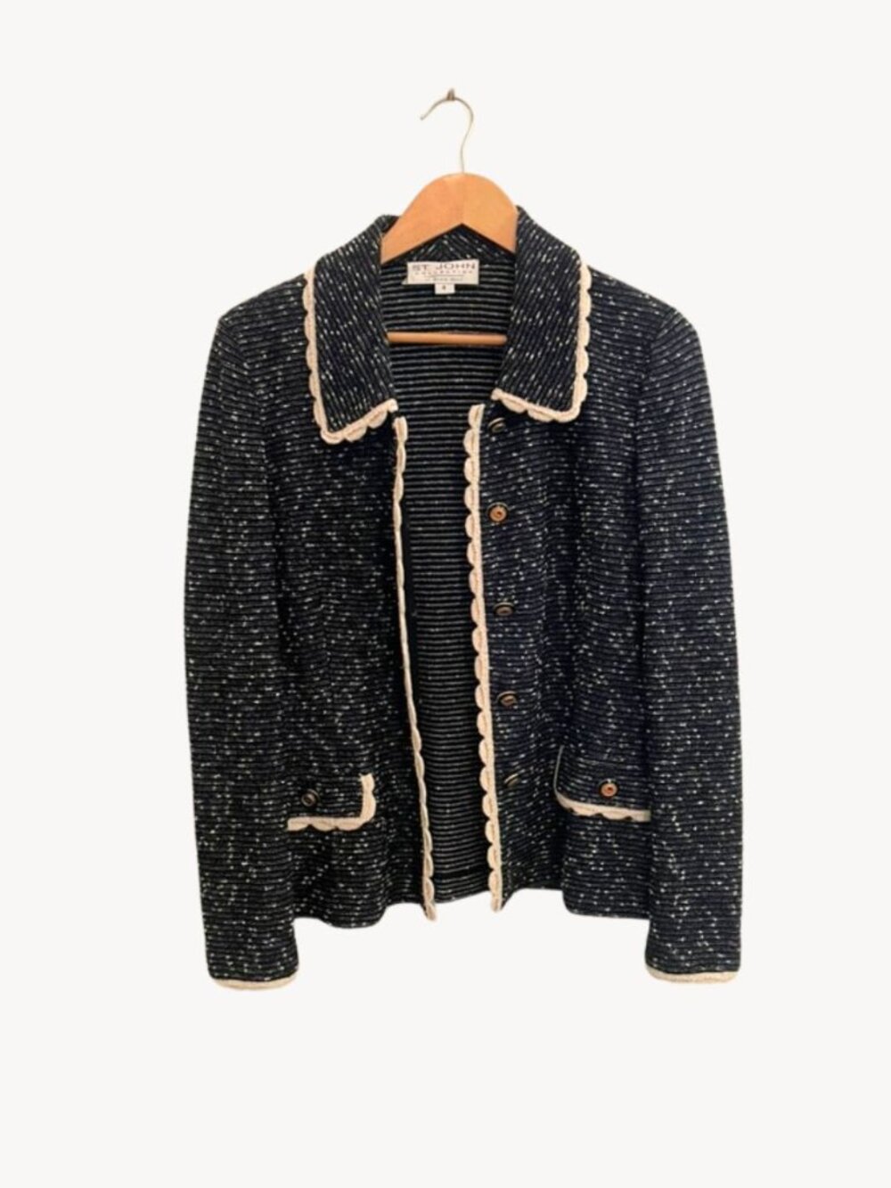 St. John Collection Textured Knit Black Ivory Scallop Trim Jacket, Size: 8 - Picture 2 of 10